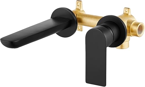 Cinwiny Grifo de fregadero de baño de montaje en pared negro mate, 1 manija de lavabo mezclador de lavabo SUS304 válvula de latón macizo incluida