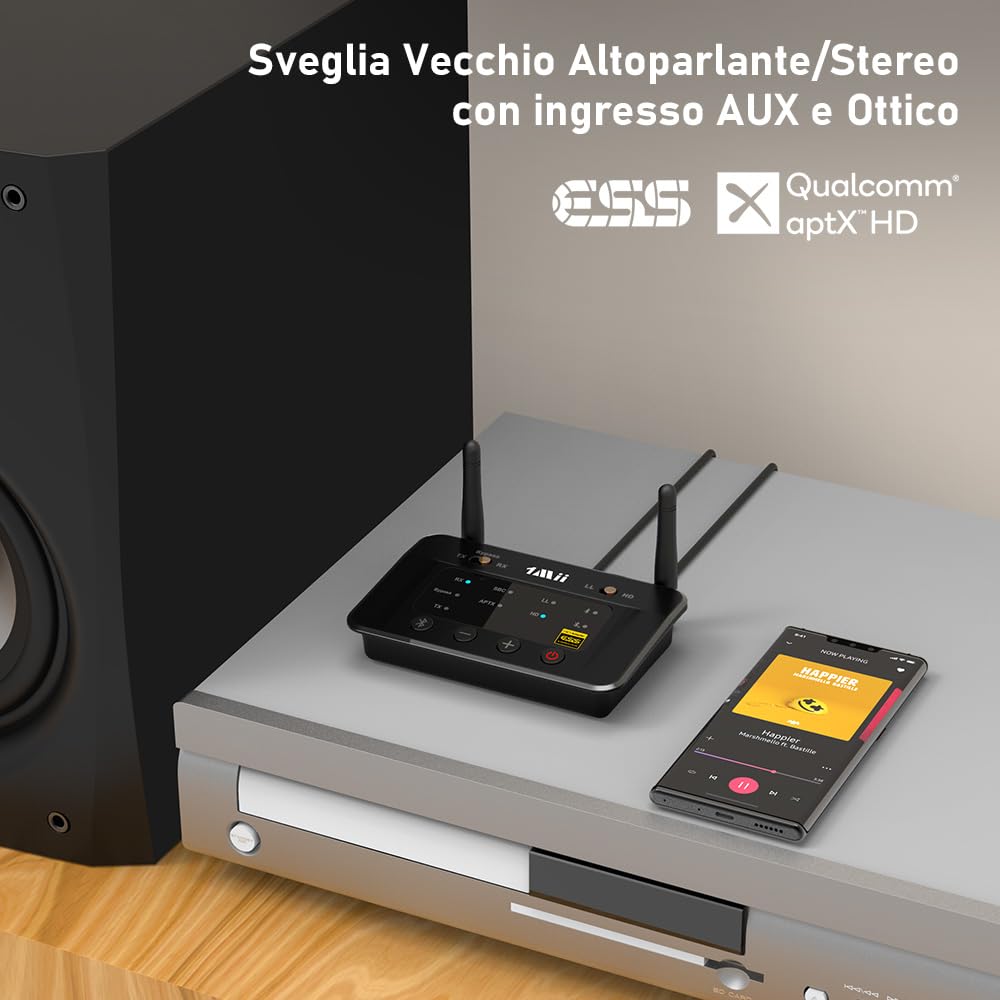 1Mii Trasmettitore Ricevitore Bluetooth 5.3 per TV, Adattatore Audio HiFi ESS DAC aptX HD Bassa Latenza RCA AUX Ottico