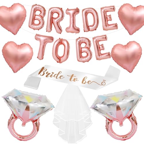 Image of Rose Gold Bachelorette Party Decorations, Rose Gold Bride to Be Banner Heart Balloon with Diamond Ring Foil Balloon, Bride to Be Sash&Veil for Bachelorette Engagement Gift Bridal Shower Party Supplies