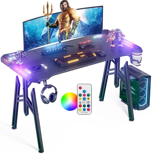 UISEBRT 160x60x73cm Mesa Gaming M-Frame con LED, Mesa de Ordenador con Portavasos y Gancho para Auriculares, Superficie de Fibra de Carbono, Mesa Gaming, Negro, Mesa Ergonómica Gamer para Dormitorio