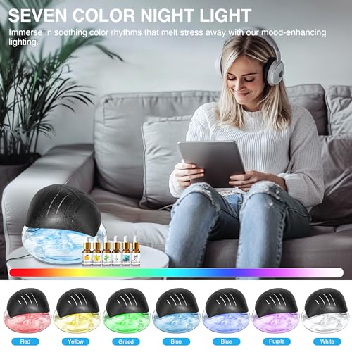 Water Air Purifier for Home with Essential Oil Diffuser & Humidifier, Rainbow Air Washer with LED Mood Light- Includes 6x10ml Essential Oils, Air Revitalizer for Smoke and Pets, Black