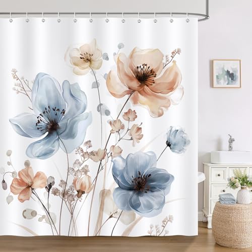 Bonhause Cortina de Ducha Boho Flores Azul Rosa Floral de Acuarela Moderno Abstracta Cortina de Baño de Poliéster Impermeable Antimoho Lavable Cortina Ducha 180 x 180 cm con 12 Ganchos