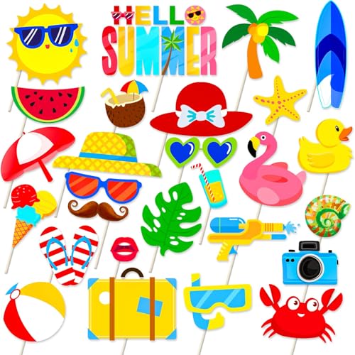 27 Pieces Beach Photo Booth Props Kit Holiday and Summer Party Decorations for SummerWedding/Hawaiian/Holiday Party Supplies