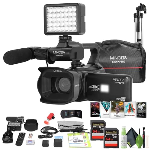 Minolta MN4KPRO 4K60FPS UHD 64 MP Autofocus Pro Camcorder Kit w/WiFi + 2X 64GB Memory Card + 72
