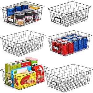 6 Pack [ Extra Large ] Wire Storage Baskets for Organizing with Lables, Pantry Organization Bins Cabinets – Metal Basket Kitchen, Laundry, Garage, Fridge, Bathroom Countertop Organizer, Black