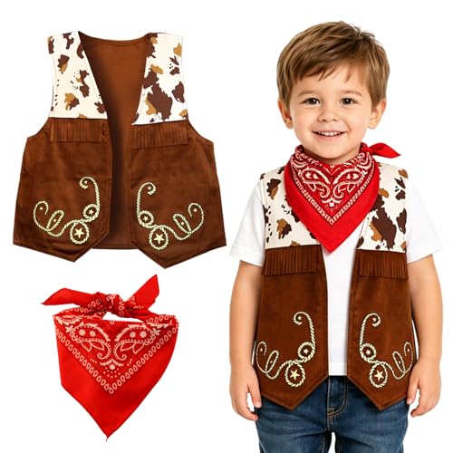 LEADSTAR Costume Cow-Boy Enfant, Gilet Western et Bandana pour Filles et Garçons 3-12 Ans, Ensemble Déguisement Cowboy pour Fête d'Halloween, Carnaval, Jeux...