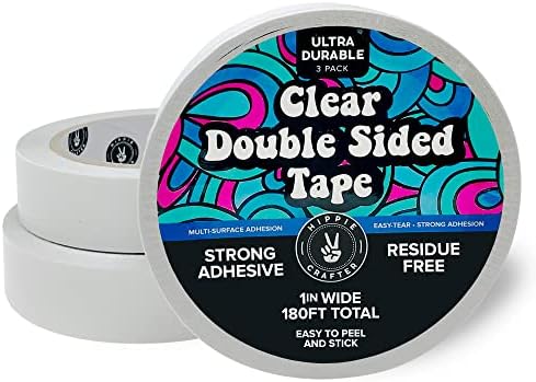 HIPPIE CRAFTER 3 Pk Clear Double Sided Tape 1 inch Wide Heavy Duty Adhesive 2 Sided Strong Duct Thin Tape - 3 Packs 1" by 60 Feet (180FT Total)
