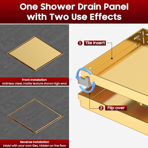 Image of DLONE Shower Drain | 6 Inch Brushed Gold with Tile Insert Panel