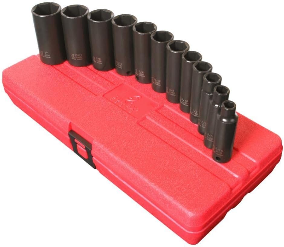 3/8 In Dr 6 Pt Deep SAE Impact Socket Set - 12-Pc