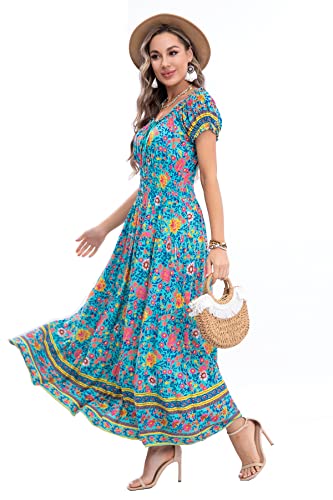 Image of OSTOO Women's Floral Maxi Dress Boho Summer Short Sleeve Smocked Waist Tiered Long Dress
