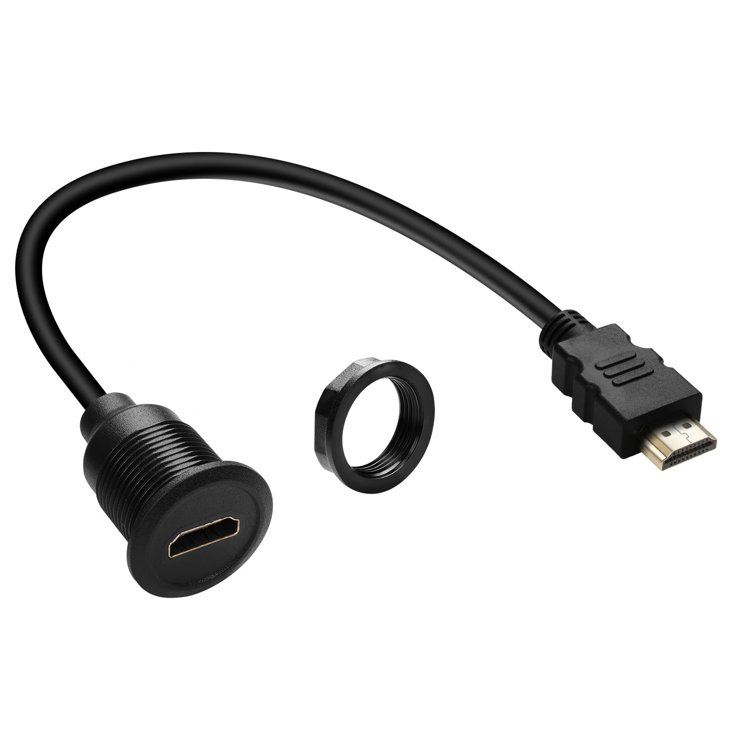 QIANRENON HDMI Flush Mount HD Display Short Cable Adapter 1080P HDMI 1.4 Male to Female Threaded Fixed Panel Mount Projector Connector Extension Cable, for Car/RV/Boat Dashboard Desktop, 30cm/11.8in