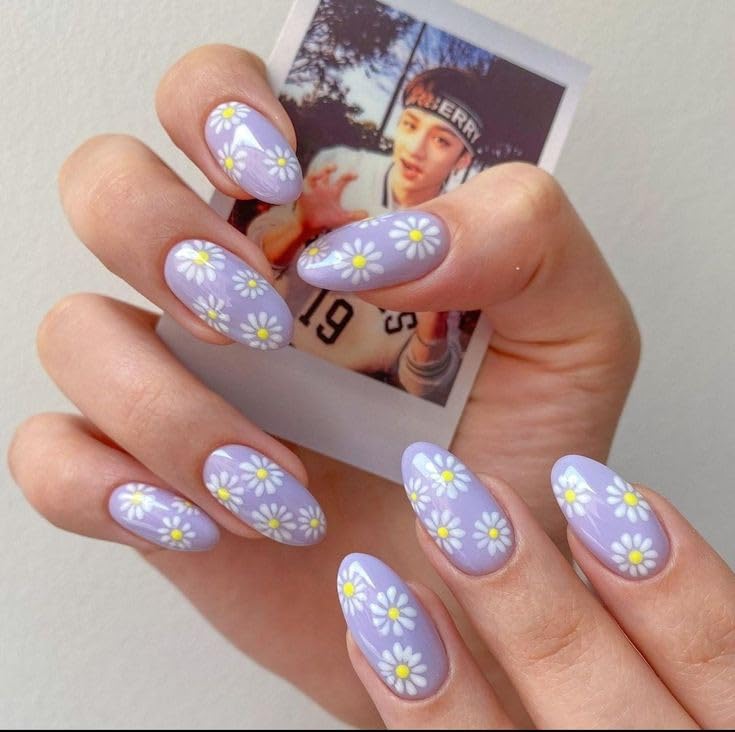 Artificial Nails: Glossy Lavender Color With Floral/Shape Oval (Set of 20 with nail glue, nail file, cuticle pusher, cleaning wipe)-picture-21