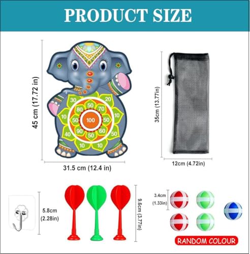 Image of Amazon Brand - Jam & Honey Dart Game for Kids Cartoon Target Game Toy Sets Dart Board with 5 Velcro Balls and 1 Hanger -Children's Indoor Outdoor Sport Game Toys Gifts (Elephant (5 Balls and 3 Darts))