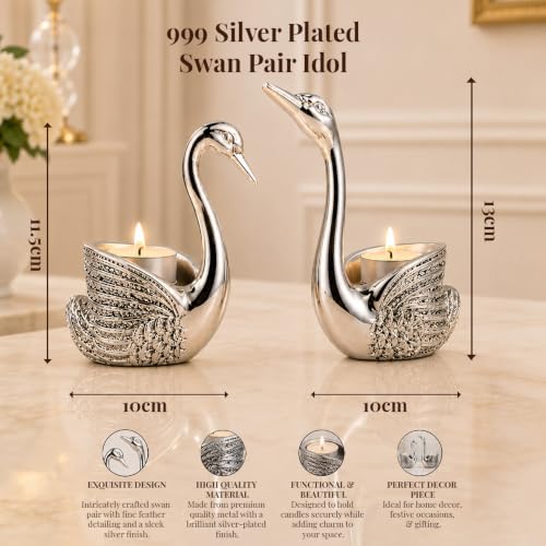 Image of DIVINITI 999 Silver-Plated Swan Pair Idol with Tealight Holders & Luxury Gift Box|Vastu-Compliant Swan Showpiece for Good Luck, Love & Harmony|Home Decor, Anniversary, Wedding & Housewarming Gift
