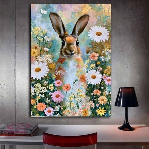 Peinture de lapin fleur sauvage tableau déco maison 30x45cm