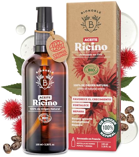BIONOBLE Aceite de Ricino Organico, Prensado en Frío, Sin Hexano - Pestañas, Cabello, Cejas - Vegan Castor Oil - Aceite de Ricino 100 Puro y Natural - Botella de Vidrio, Pipeta, Bomba - 100ml