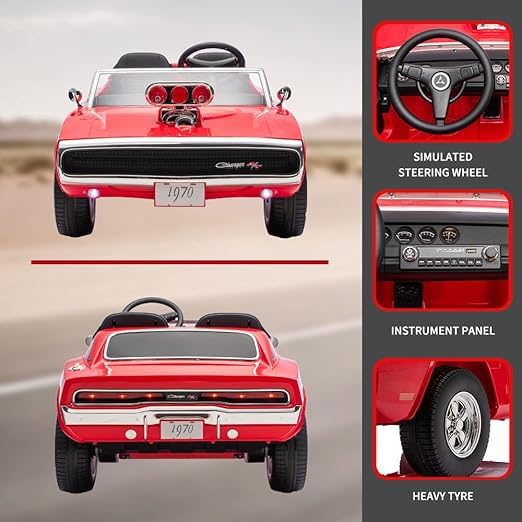 Image of Kids Licensed Dodge Charger 1970 | Big Size 12V Electric Ride On Car for Kids with Remote Control, Music and Light1-7 Yrs Car Battery Operated Ride On | Double Seater | Smoke Feature (Red)
