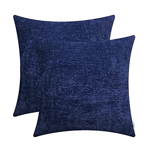 CaliTime Pack of 2 Cozy Throw Pillow Covers Cases for Couch Sofa Home Decoration Solid Dyed Soft Chenille 20 X 20 Inches Navy Blue