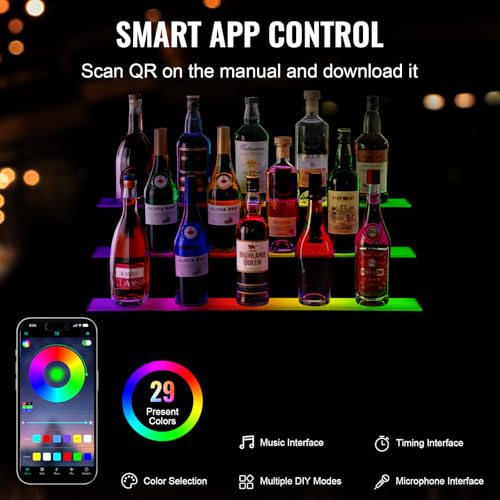 Image of VEVOR LED Lighted Liquor Bottle Display, 3 Tiers 30 Inches, Supports USB, Illuminated Home Bar Shelf with RF Remote & App Control 7 Static Colors 1-4 H Timing, Acrylic Lighted Shelf for 24 Bottles