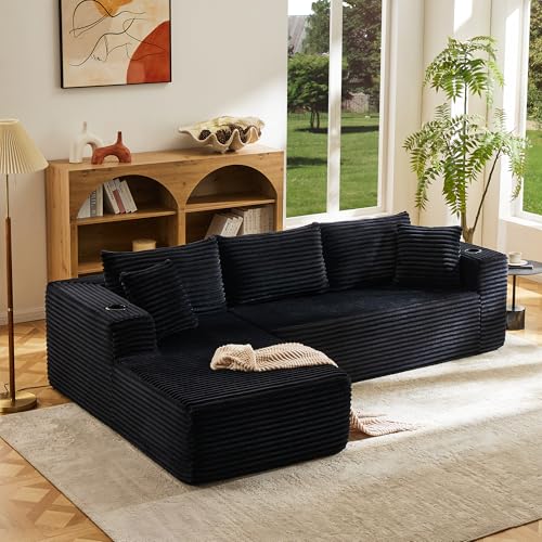 Image of Modular Compressed Sectional Sofa Set - Velvet Corduroy Upholstery, Convertible Couch with Cup Holders and Pillows for Living Room, Black