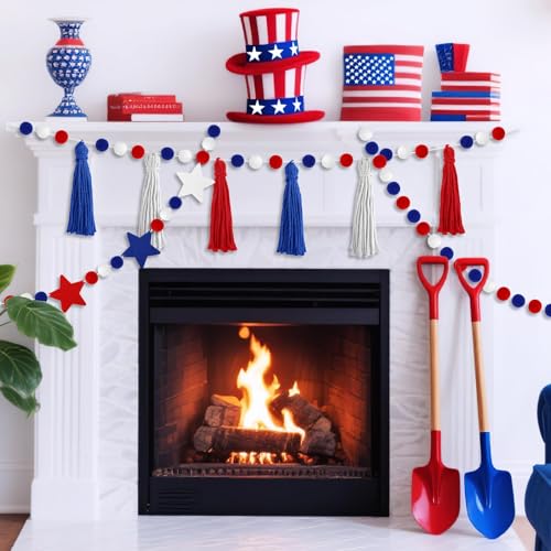 Image of Jansun 4 Pack 26.3 Ft 4th of July Patriotic Red Blue White Stars Banner | Tassel Pom Pom Red Blue White Star Garland, for Independence Day Veterans Party, Memorial Day Birthday Hanging Decorations