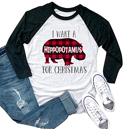 I Want A Hippopotamus for Christmas Womens T Shirts Gifts Vintage Novelty Plaid Graphic Long Sleeve Raglan Tee Shirt Top(Black, X-Large)