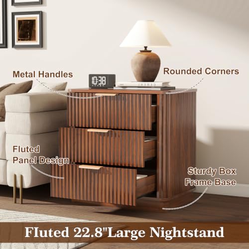 Image of LYNCOHOME 23 inch Full-Fluted Nightstand with Storage,3 Drawers,Curved,Walnut