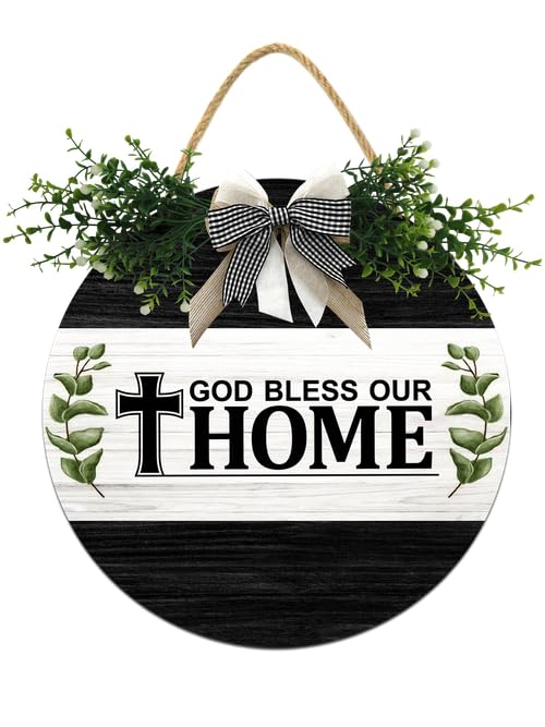 Drewniane tabliczki na drzwi z napisem "God Bless Our Home", dekoracja ścienna, chrześcijański Jezus, dekoracja domu, wieńce wiosenne do drzwi wejściowych, na zewnątrz, na wszystkie pory roku