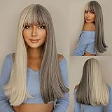 EMMOR Pelucas rectas largas, rubias y grises para mujeres, cabello natural sintético con flequillo de aire, pelucas completas para uso diario y de fiesta