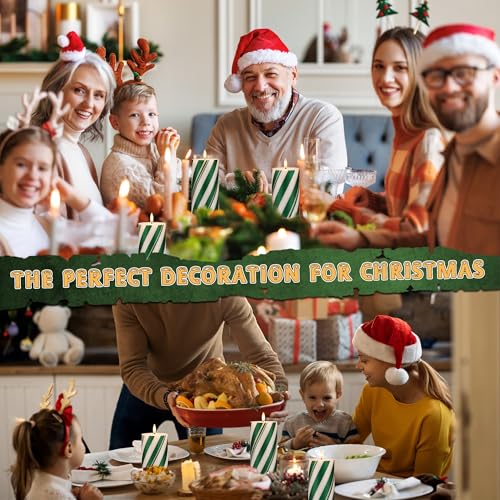 Image of Candy Cane Stripe Flameless Candles with Remote, Green Battery Operated Pillar Candles Real Wax, Flat Top Flickering Christmas LED Candle Decorations for Xmas, Home, Party Decor, Set of 3