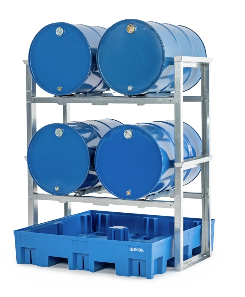 DENIOS Fassregal/Abfüllstation für 4 Fässer à 200 L, Kunststoff-Auffangwanne, 1429 x 1235 x 1637 mm