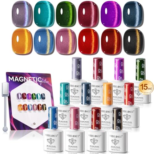 Image of modelones 12Pcs 15ML Cat Eye Gel Nail Polish Set, Same Color Same Bottle Summer Green Blue Yellow Pink Red Purple Cateye Gel Polish Set with Magnet Sparkle Series Hema-free Gel Polish Kit Nail Art