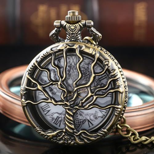 Image of Tiong Pocket Watch Hollow Tree of Life Design Roman Numerals Engraved Bible Verse Quartz Pocket Watch with Chain Custom Pocket Watch Birthday Gifts