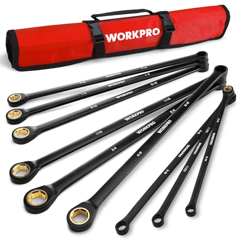 Image of WORKPRO Extra Long Ratcheting Wrench Set, 9-Piece Anti-Slip Double Box Wrenches Set, SAE 5 /16-3 /4 in, 72-Teeth, Cr-V Steel and Black Electrophoretic Coating Wrenches with Rolling Pouch