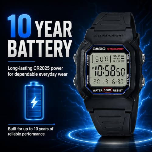 Casio W800H Series | Unisex Digital Watch | Black | 100 Meter Water Resistance | LED Backlight | 1/100 SEC Stopwatch | Dual Time | Multi-Function Alarm | Full Auto Calendar | 10 Year Battery - image 2