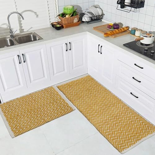 Image of THE HOME TALK Set of 2 Cotton Chenille Bath Rug | Area Rug for Spa, Vanity Shower, Kitchen & Living Room | Water Absorbent Linens | Soft Carpets | Bathroom Accessories (40x60 + 40x120 cm, Yellow)