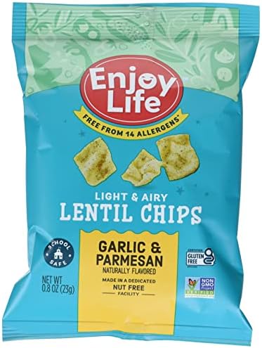 Enjoy Life Garlic and Parmesan Lentil Chips, Dairy Free Chips, Soy Free, Nut Free, Non GMO, Vegan, Gluten Free, 0.8 oz (12 Bags), White