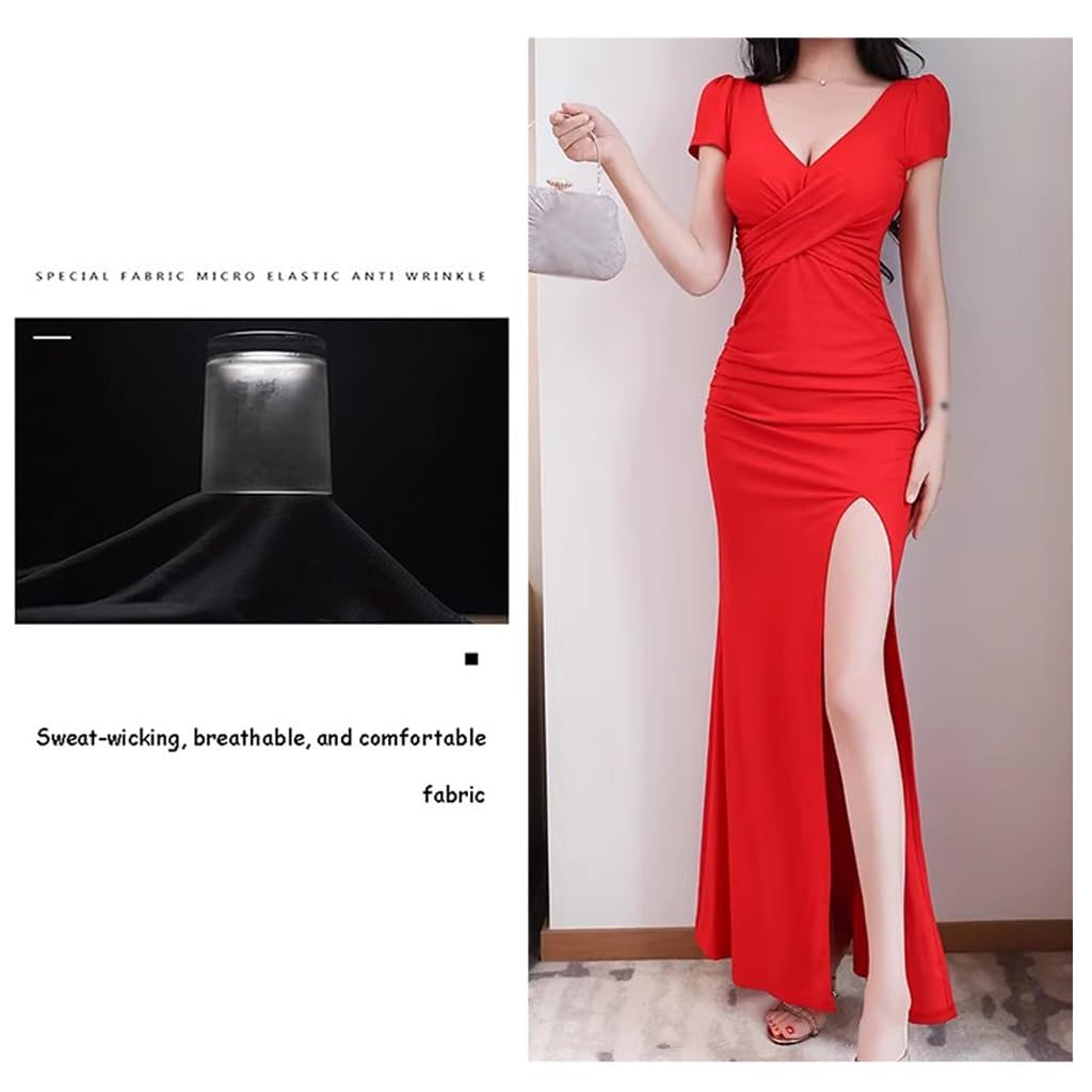 Vestidos De Fiesta Sexys con Escote En V Y Manga Corta， Vestidos Formales Largos Ajustados con Abertura Alta