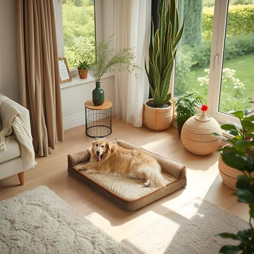 Image of gorgeous Dog Beds Memory Foam Large Bed Waterproof Layer for Labrador, Bulldog, Retriever, Poodle, Large Breed Dogbed (Light,Brown, 36x27x4)