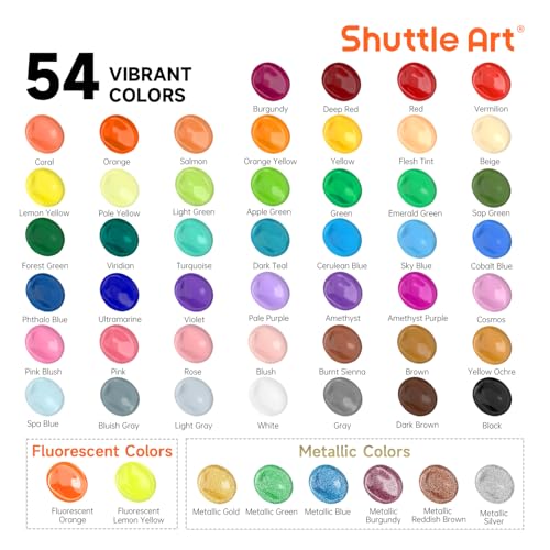 Image of 54 Colors Acrylic Paint, Shuttle Art Acrylic Paint set with 12 Paint Brushes, 2oz /60ml Bottles, Rich Pigmented, Water Proof, Premium Paints for Artists, Beginners and Kids on Canvas Rocks Wood Ceramic