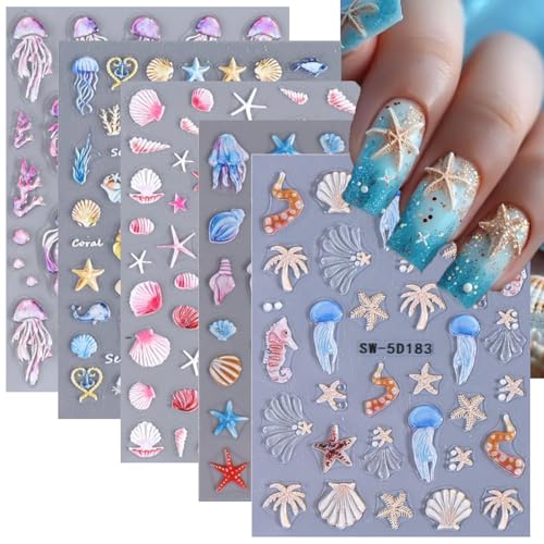 Ocean Nail Stickers 5D Embossed Seashell Nail Stickers 3D Self-Adhesive Blue Starfish Summer Nail Decals with Designs Purple Jellyfish Coral Nails Manicure Accessories for Women 5 Sheets