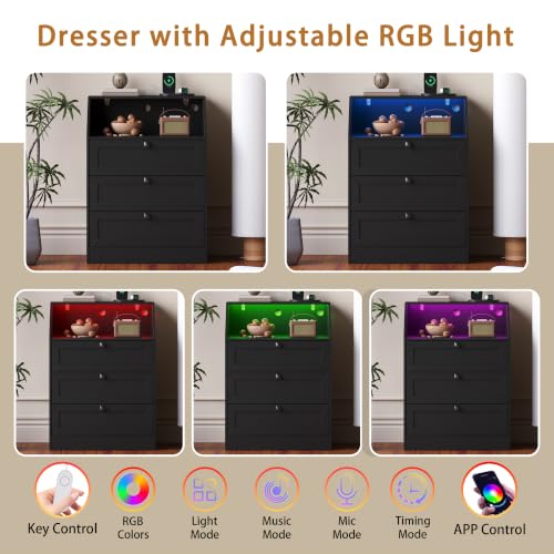 Image of Wodeer Black Dresser 3 Drawer Nightstand, Wood Night Stand with LED Lights, Charging Station, Metal Handles, Modern Storage Cabinet and Organizer Drawers for Living Room, Hallway