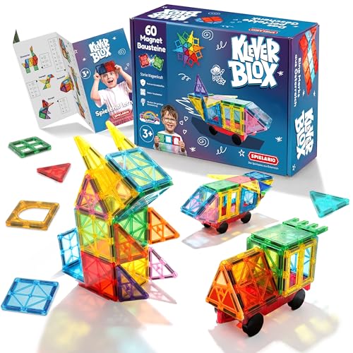 Kleverblox - 60 Stück Magnetische Bausteine für Kinder - Magnetbausteine ab 3 Jahre - Große Magnetische Fliesen für Jungs und Mädchen - Montessori Spielzeug ab 2 Jahre - STEM Magnetic Building Blocks