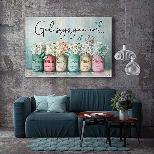 Inspirational Canvas Wall Art Encouraging Bible Verses On Cute Marson Jars And Butterflies God Says You Are Teal Background Artwork For Living Room Bedroom Bathroom Office Home Decor 12X16 In #TOP6