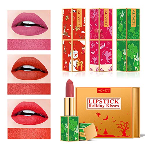 Holiday Lipstick Set,3 Rich Color Ultra Matte Moisturizing Lipsticks, Christmas&Four-Leaf Clover&Valentine Chinese Style, Moisturizing and Long Lasting Lipstick, Gift Kit for Women