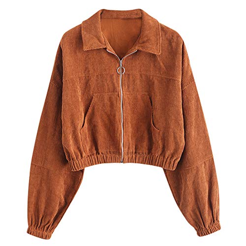 ZAFUL Women's Corduroy Cropped Jacket Full Zip Drop Shoulder Coat with Pocket Caramel XL