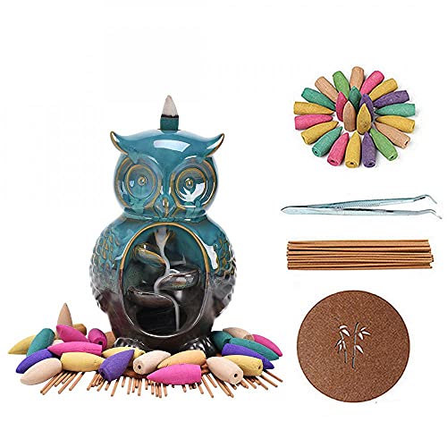 Backflow Incense Burner Holder Owl Shape Waterfall Porcelain Incense Holder Home Decor with Incense Cone Sticks Holder Incense Sticks Backflow Incense Cones Mat Tweezer Gift Set