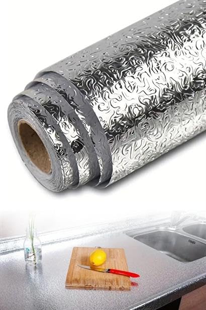 SANEC® Rulo Gümüş Alüminyum Folyo Duvar Kağıdı, Kendinden Yapışkanlı Raf İçi, Su Geçirmez Folyo 2 mt x 60 cm