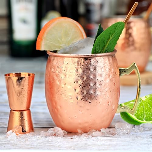 Foto von Moscow Mule Kupferbecher-Set mit 4 Premium Moscow Mule Becher 54cl/540ml 4 Stück Becher aus verkupfertem Edelstahl Großartig für Cocktail Gekühlte Getränk mit 1/0.5oz Double Jigger Löffel Strohhalme