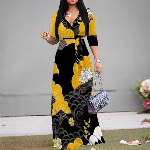 Image of PinkPatty Women's Print Maxi Dresses 3 /4 Sleeve Flowy Long Dress V Neck Wrap Tie Waist Sundress